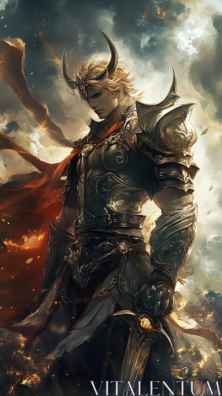 Armored horned warrior stands in burning, stormy battlefield