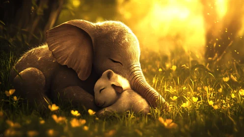 Baby elephant and lamb share a golden meadow sunset embrace