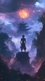 Storm-walker warrior beneath ember moonlit pagoda.