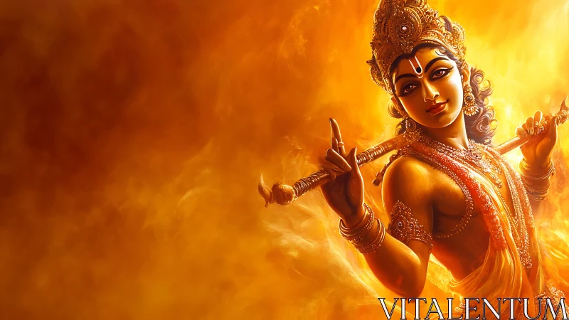 Divine flute player in radiant golden digital artwork.