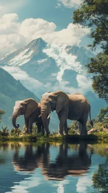 Elephants trade mountain secrets beside a mirror-still lake