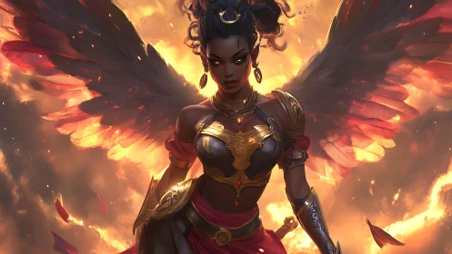 Fierce winged guardian strides forward through blazing sky