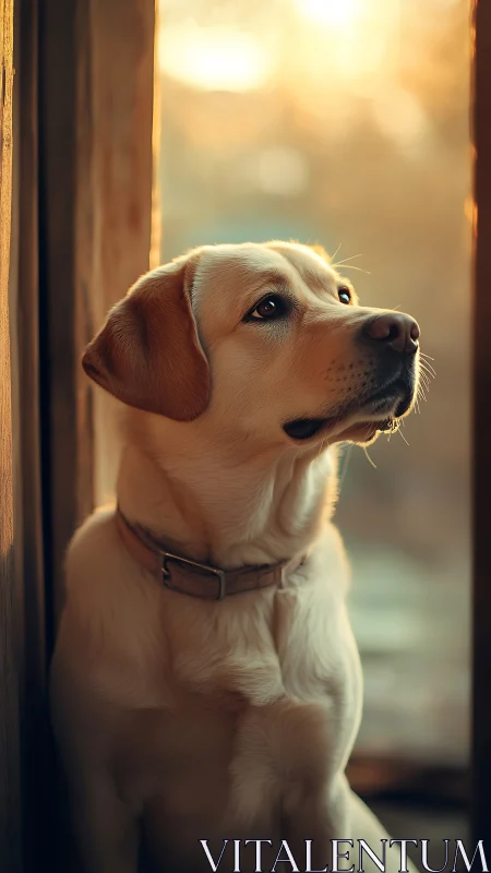 Yellow Labrador dog near window in warm backlight at dusk.