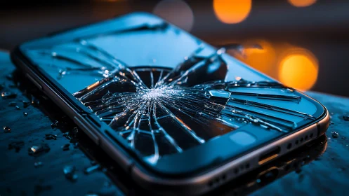 Close-up of smartphone with shattered glass screen damage.