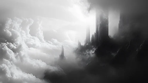 Monolithic spires rise through storm clouds toward harsh light