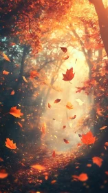 Autumn leaves spiral through luminous backlit forest corridor