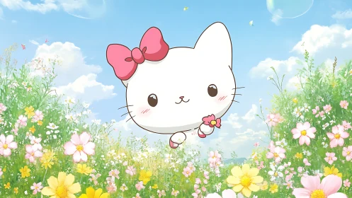 Sunny meadow kitten with a pink bow and tiny flower.