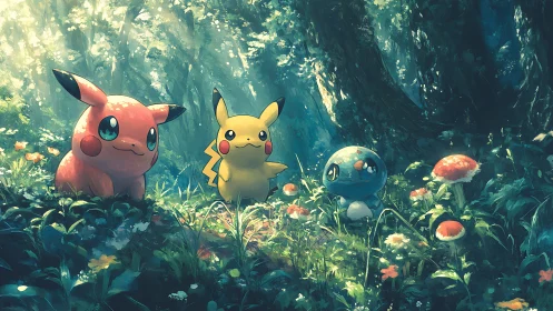 Cute electric and water creatures explore sunlit forest grove