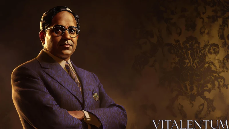 Formal portrait in warm chiaroscuro with patterned backdrop.