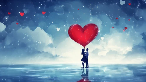 Silhouetted Couple Beneath Massive Crimson Heart in Ethereal Cloudscape Environment