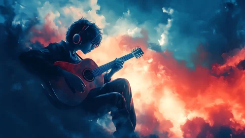 Skybound guitarist drifting through neon ember clouds.