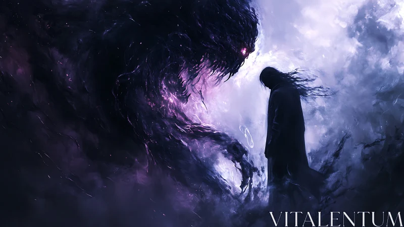 Gentle soul meeting a swirling shadow of cosmic mystery.