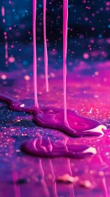 Neon pink paint drips over glittering violet surface.
