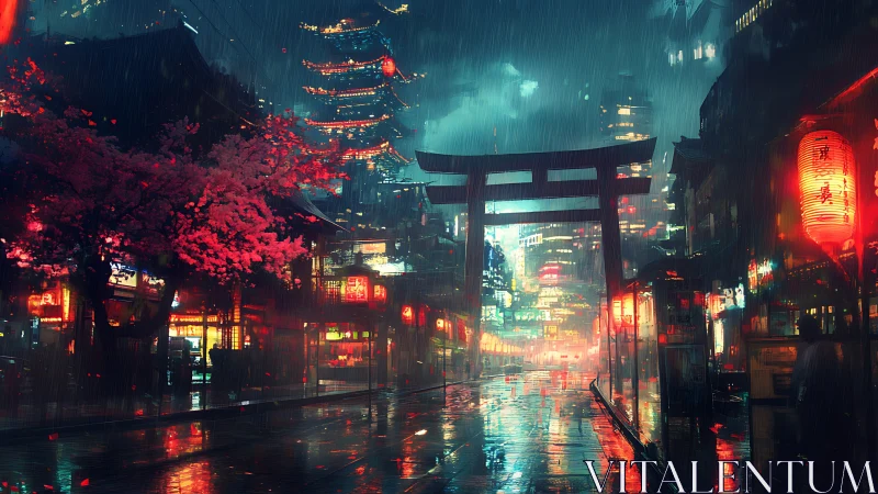 Neon torii gate in rain-soaked cyberpunk night street scene.
