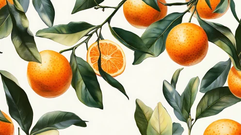 Orange branches with fruit and leaves on pale backdrop.