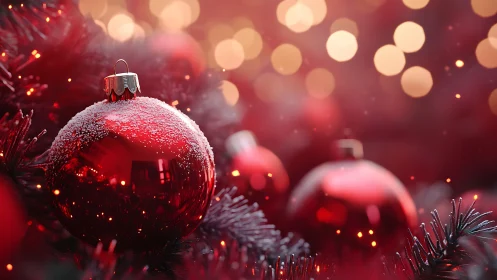 Red ornament hangs on branch with shallow depth of field