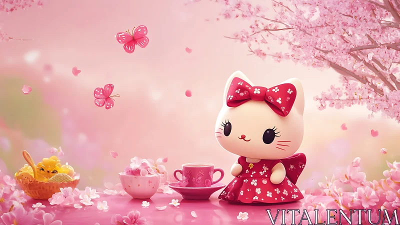 Kawaii cat figurine enjoys pink cherry blossom tea picnic
