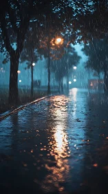 Long lens night rain captures bokeh lampposts and wet pavement