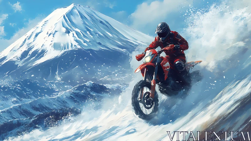 Scarlet rider carving thunder trails across icy mountainsides.