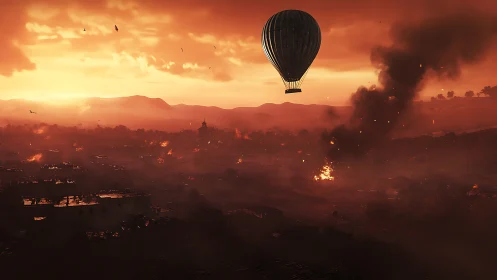 Lonely hot air balloon drifting over a burning dusk horizon.