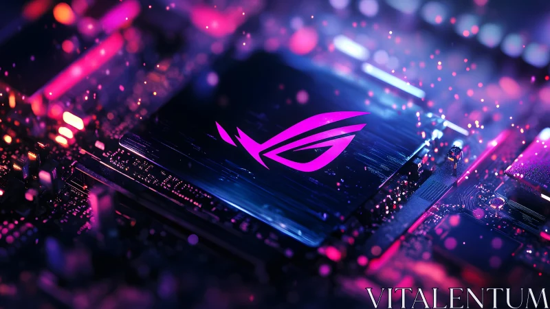 Futuristic gaming motherboard close-up with neon lighting effects.