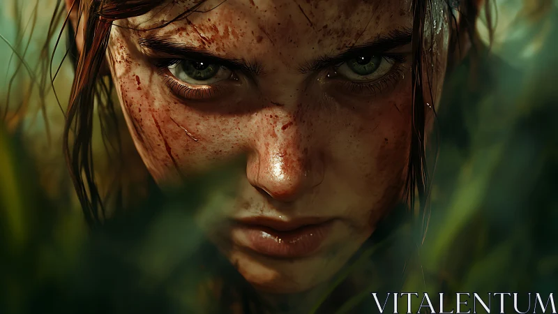 Battle-worn girl close-up with blood, sweat and foliage bokeh