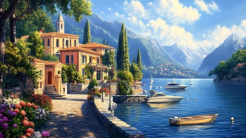 Mediterranean lakeside village with villas and moored boats