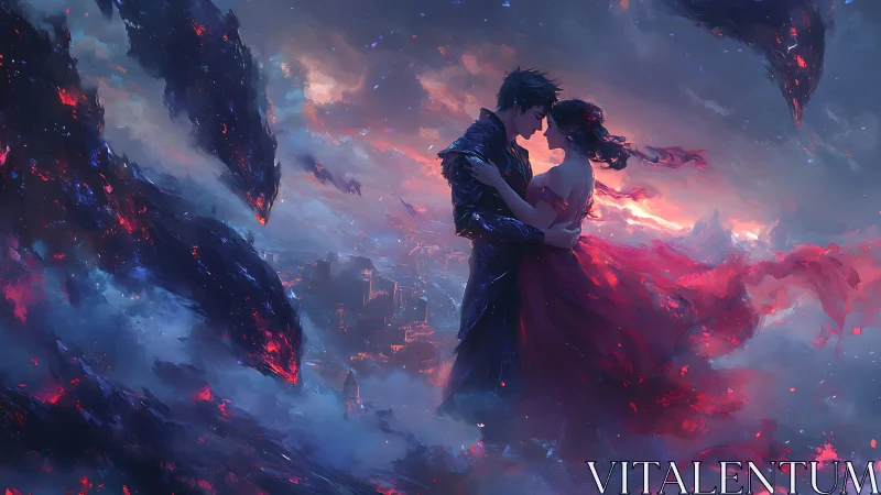 Lovers Embracing in a Breathtaking Sky of Fire and Wonder.