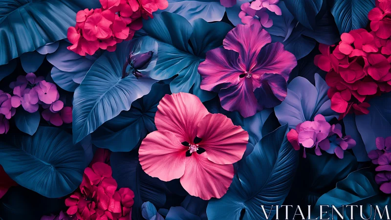 Pink and magenta hibiscus blooms with tropical foliage.