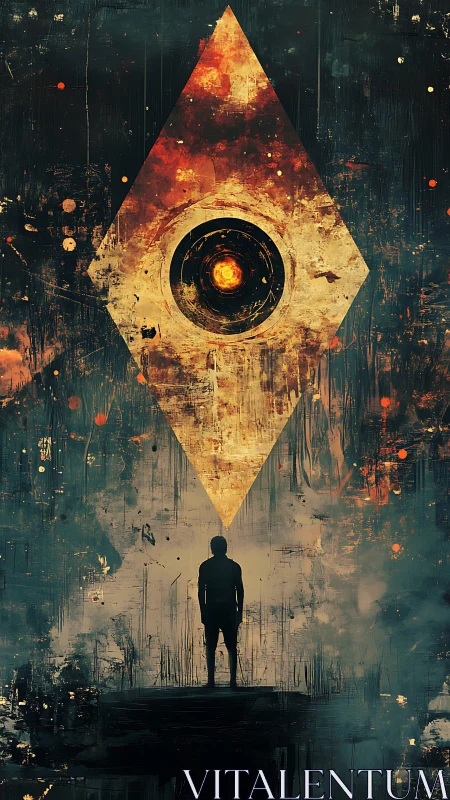 Stargazer confronts a blazing geometric eye in stormy void