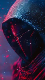Hooded red armored helmet in neon bicolor cinematic lighting