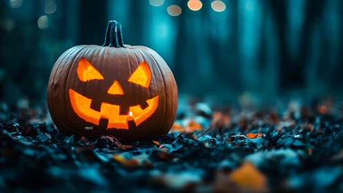 Glowing jack-o’-lantern smiles in a misty twilight forest.