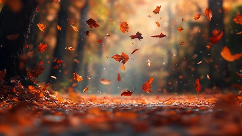 Autumn leaves spiral across a forest path in soft bokeh light