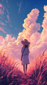 Girl in white dress under towering sunset clouds.