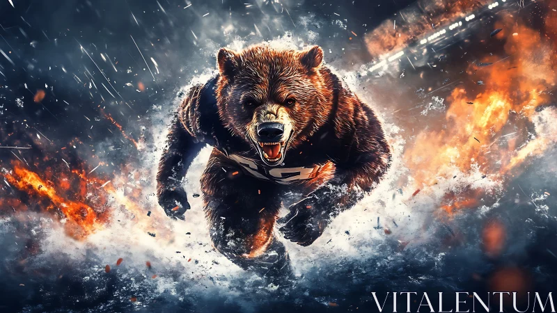 Charging battle bear erupts through fire and shattered ice