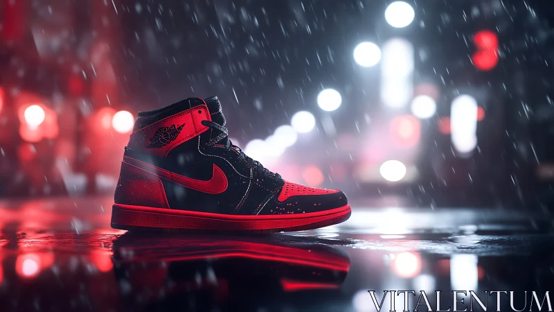 Bold red and black sneaker glowing in a rainy city night.