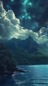 Digital painting seascape with luminous nocturnal mountainscape.