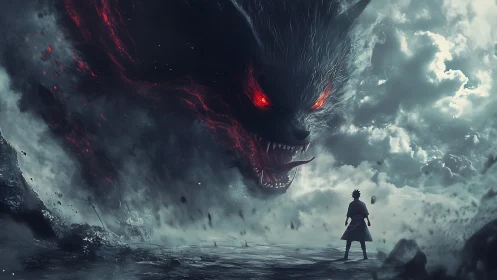 Colossal demonic wolf looming over lone warrior in storm