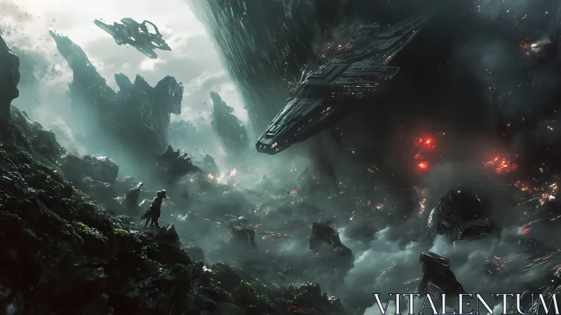 Colossal starship descent over shattered alien canyon world.