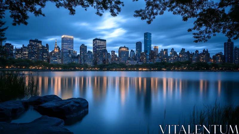 Photorealistic twilight skyline with reflective urban reservoir panorama.