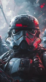 Armored sci-fi trooper portrait in red-lit battle haze.