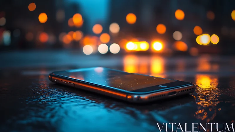 Smartphone rests on wet street under neon city bokeh glow.