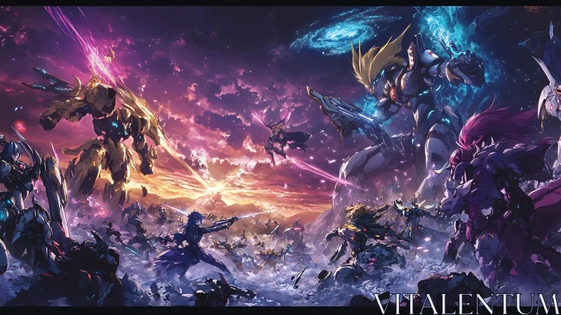 Starlit mecha warlords cleave dusk between galaxies.