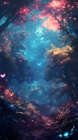 Digital landscape depicting forest path with luminescent elements.