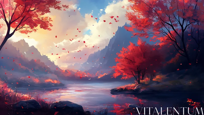 Crimson autumn valley glows softly around a misty lake