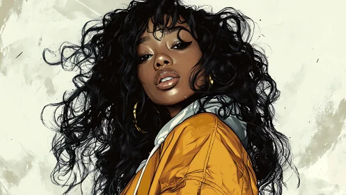 Storm-tossed curls crown a confident urban muse in amber.