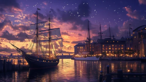 Harbor twilight tall ships aglow in lanternlit seaside hush.