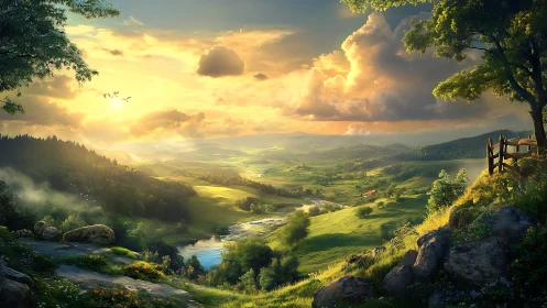 Sunlit rural valley landscape with clouds and distant hills.