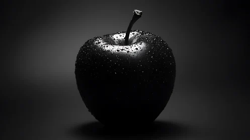 Black apple with water droplets rests on dark gradient surface