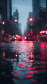 Rain-soaked urban street with bokeh traffic lights at dusk